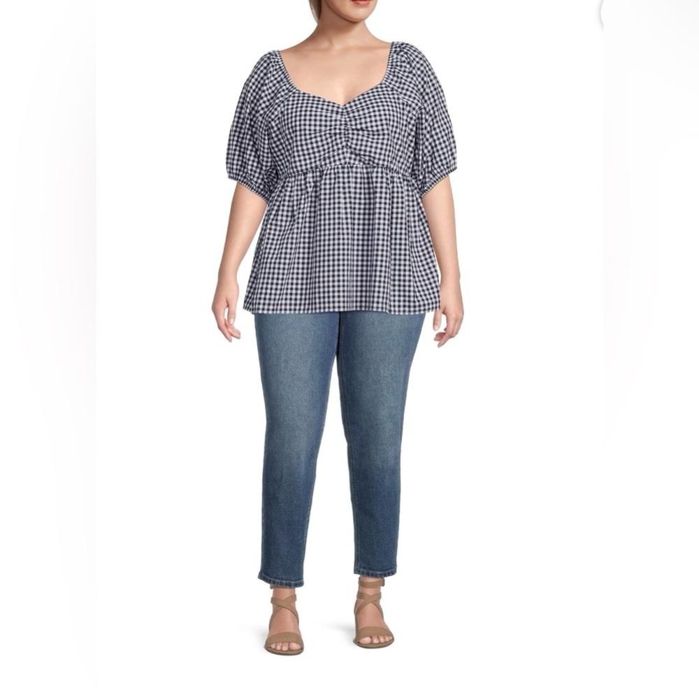 Terra & Sky Women's Plus Size Cotton Dark Blue/White Gingham Top, Size 4X, NEW
